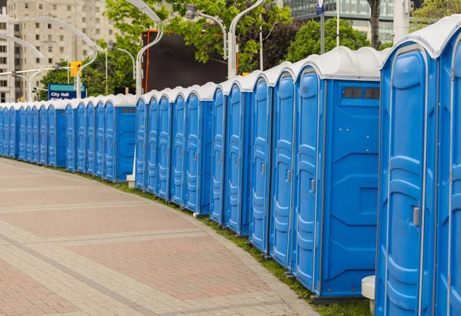 hygienic portable restrooms lined up at a beach party, ensuring guests have access to the necessary facilities while enjoying the sun and sand in Brooklyn, MD